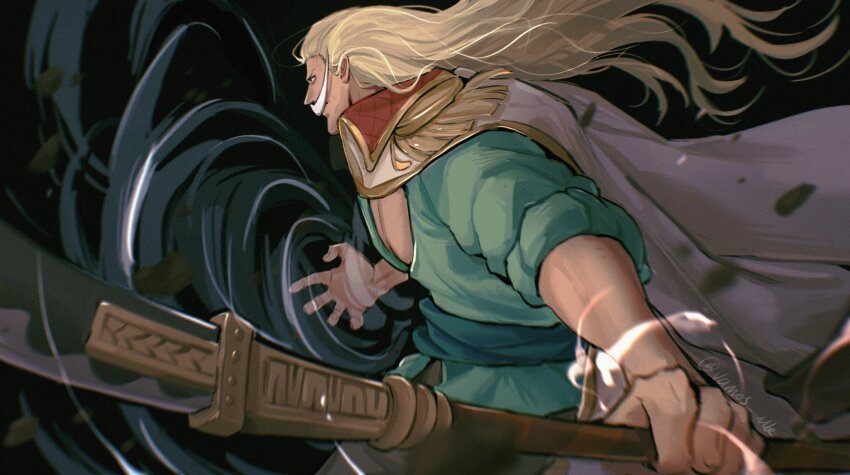 1boy aged_down blonde_hair cape closed_mouth cowboy_shot debris edward_newgate epaulettes facial_hair from_side gold_trim green_sash green_shirt highres holding holding_polearm holding_weapon long_hair long_mustache male_focus multiple_girls muscular muscular_male mustache naginata one_piece partially_unbuttoned pectoral_cleavage pectorals polearm sash shirt shockwave signature solo vamos_mk weapon white_cape
