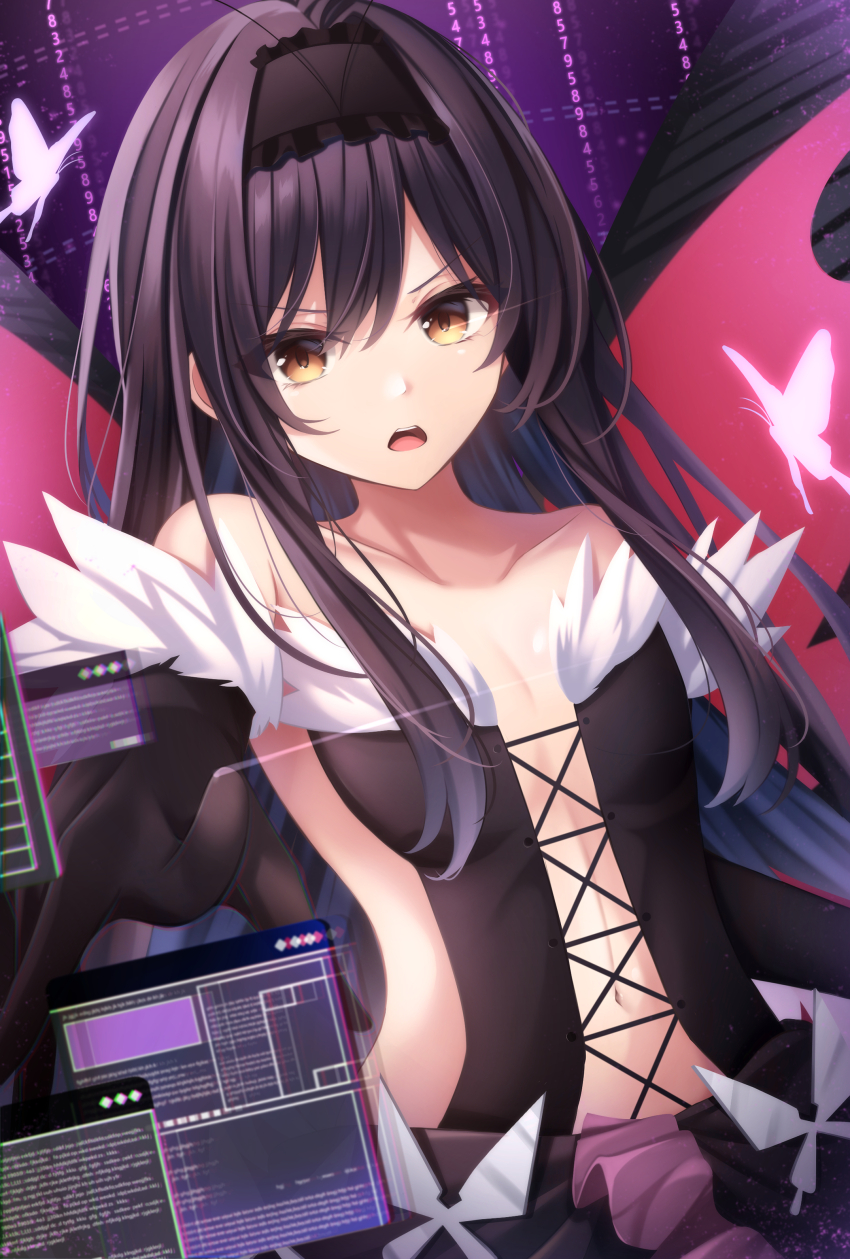 1girl absurdres accel_world antenna_hair bare_shoulders black_dress black_hair black_hairband brown_eyes bug butterfly butterfly_wings collarbone commentary cross-laced_clothes cross-laced_dress dress elbow_gloves flat_chest frilled_hairband frills fur-trimmed_dress fur-trimmed_gloves fur_trim gloves hairband highres holographic_interface insect insect_wings kuroyukihime long_hair looking_at_viewer navel open_mouth pink_butterfly serious solo tsukasa_tsubasa upper_body wings