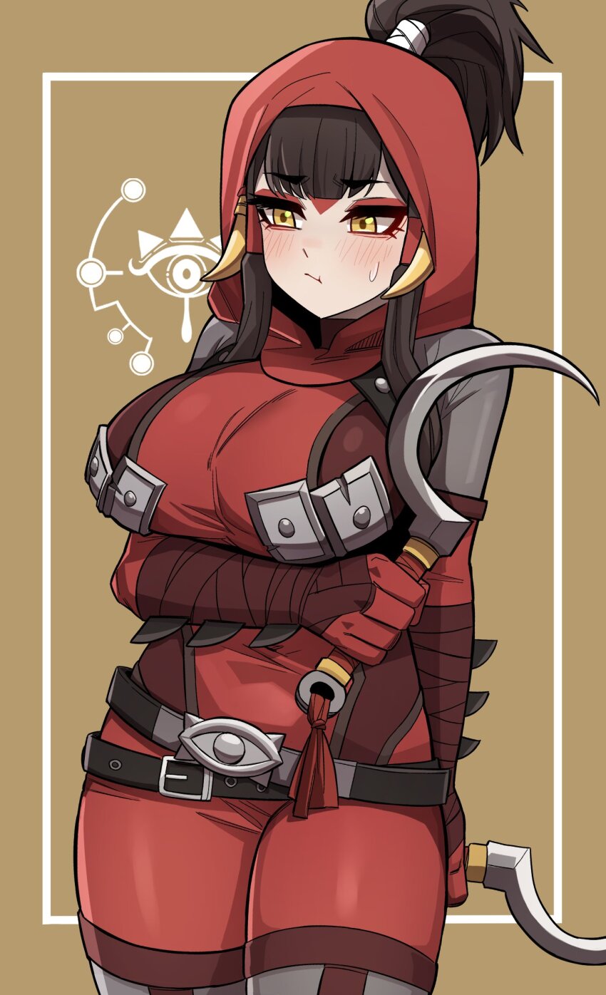 1girl :t arm_blade arm_under_breasts belt black_hair blush bodysuit breasts cowboy_shot dual_wielding eyelashes facial_mark hair_through_headwear high_ponytail highres holding holding_sickle holding_weapon hood hood_up large_breasts long_hair multiple_belts nintendo ponytail red_bodysuit sickle sidelocks solo sung08ko sweatdrop the_legend_of_zelda the_legend_of_zelda:_breath_of_the_wild the_legend_of_zelda:_tears_of_the_kingdom weapon yellow_eyes yiga_clan yiga_clan_footsoldier