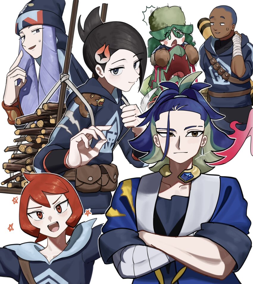 3boys 3girls :d adaman_(pokemon) arezu_(pokemon) black_hair blue_hair blush_stickers brown_bag brown_eyes brown_mittens collarbone commentary dark-skinned_male dark_skin diamond_clan_outfit earrings eyebrow_cut fur_hat glint green_hair green_hat hair_ornament hand_up hat highres hood hood_down hooded_jacket iscan_(pokemon) jacket jewelry loose_hair_strand mai_(pokemon) melli_(pokemon) mittens multicolored_hair multiple_boys multiple_girls neck_ring nintendo open_mouth pokemon pokemon_legends:_arceus purple_hair red_hair sabi_(pokemon) shirt smile star_(symbol) sweatdrop symbol-only_commentary teeth tongue umebosi_nigame upper_teeth_only