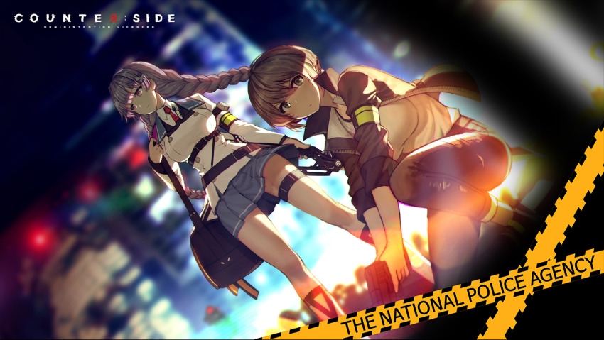 2girls artist_request breasts character_request copyright_request denim gun jeans large_breasts multiple_girls official_art pants short_hair tagme weapon