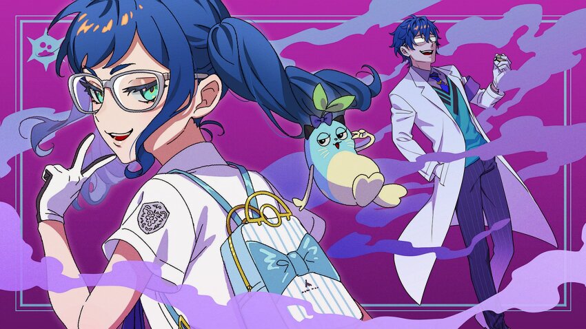 1boy 1girl 8ya_nagi animal aqua_eyes backpack bag black_gloves blue_bow blue_bowtie blue_hair blue_necktie blue_pants blue_sweater_vest bow bowtie coat collared_shirt drill_hair emblem facing_away glasses gloves grey-framed_eyewear grey_shirt hair_between_eyes highres holding holding_poke_ball lab_coat leos_vincent leos_vincent_(1st_costume) long_hair mameneko_(leos_vincent) necktie nest_ball nijisanji nintendo opaque_glasses open_mouth pants poke_ball pokemon pokemon_sv school_uniform shirt sideways_glance smile smoke smoke_trail striped_clothes striped_pants sweater_vest teeth tie_clip twintails two-tone_gloves uva_academy_school_uniform virtual_youtuber white_coat white_gloves