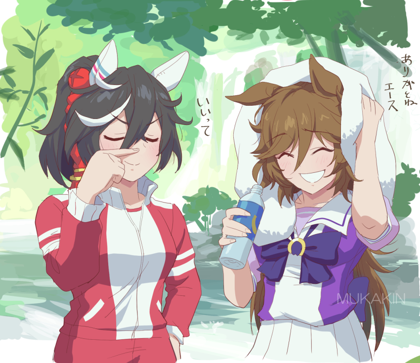 2girls artist_name black_hair bottle bow bowtie brown_hair closed_eyes drying drying_hair ear_covers finger_to_own_nose green_eyes grin gym_shirt hair_ornament high_ponytail highres holding holding_bottle holding_towel horse_girl jacket katsuragi_ace_(umamusume) long_hair long_sleeves mr._c.b._(umamusume) mukakin multicolored_hair multiple_girls outdoors pleated_skirt ponytail purple_bow purple_bowtie purple_shirt red_jacket river sailor_collar sailor_shirt school_uniform shirt short_sleeves skirt smile streaked_hair summer_uniform towel tracen_school_uniform track_jacket translated tree two-tone_hair umamusume water_bottle watermark white_hair white_sailor_collar white_shirt white_skirt