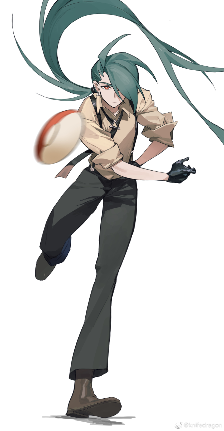 1girl absurdres androgynous black_gloves black_pants boots bright_pupils brown_shirt closed_mouth commentary_request ear_piercing earrings full_body gloves green_hair highres jewelry knifedragon long_hair necktie nintendo pants piercing poke_ball poke_ball_(basic) pokemon pokemon_sv ponytail red_eyes rika_(pokemon) shirt shoes simple_background sleeves_rolled_up standing suspenders throwing throwing_poke_ball very_long_hair watermark weibo_watermark white_background white_pupils