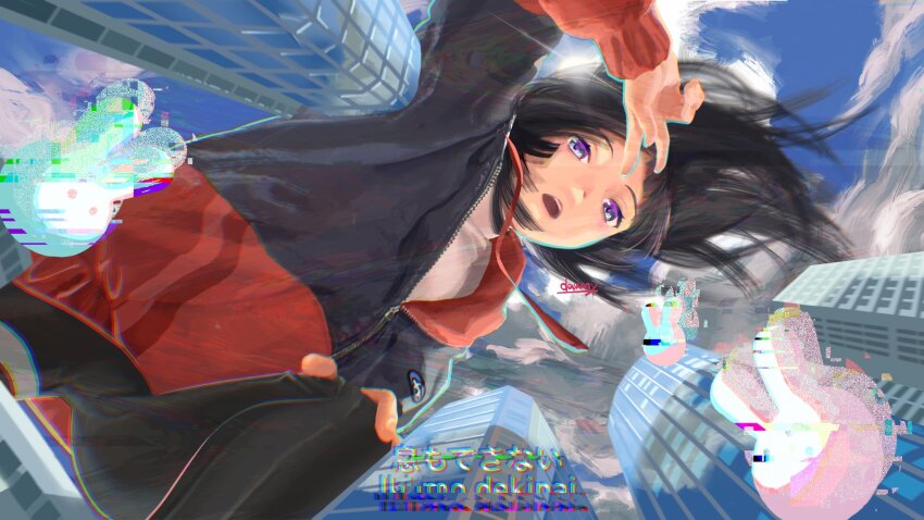 1girl be_be_be_be_(cevio) black_hair black_jacket black_leggings blue_sky building cloud cloudy_sky commentary_request dawny_(kaiko_870) day diffraction_spikes floating_hair from_below giant giantess glitch hand_on_own_knee hand_up highres jacket leggings long_hair long_sleeves looking_at_viewer looking_down lyrics multicolored_jacket nijisanji open_mouth partially_unzipped rabbit_symbol red_jacket shirt signature sky skyscraper solo squatting subtitled sun tsukino_mito tsukino_mito_(19th_costume) turtleneck turtleneck_shirt two-tone_jacket v virtual_youtuber white_eyes white_shirt