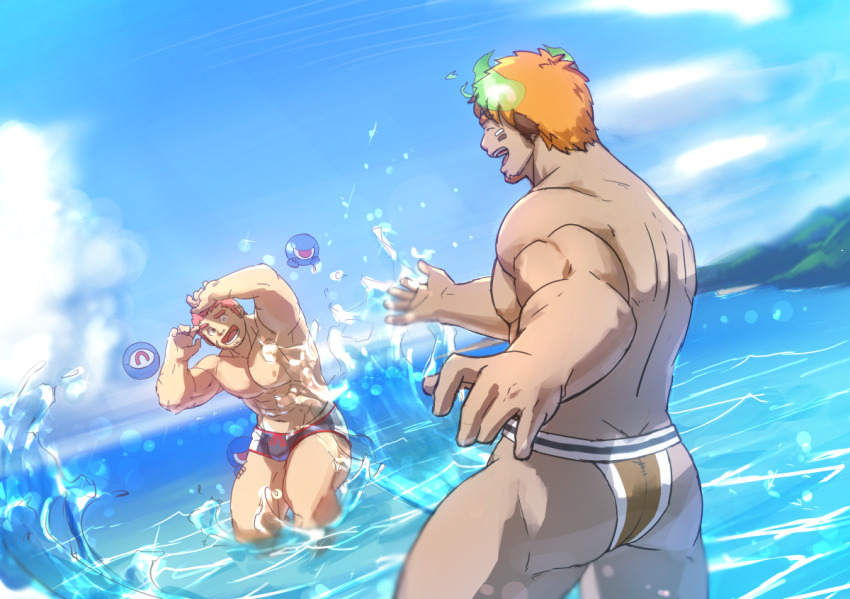 2boys abs animal_ears ass bara blue_sky blush brown_hair bulge cloud couple eye_black facial_hair fiery_horns forked_eyebrows glowing_horns goatee horns katoributa_a large_pectorals male_focus male_swimwear multiple_boys muscular muscular_arms muscular_legs muscular_male nipples outdoors pectorals short_hair sky smile splashing swimsuit tamamura_gunzo thighs tokyo_houkago_summoners topless_male wakan_tanka wakan_tanka_(fashionista_swimsuit) water waves yaoi