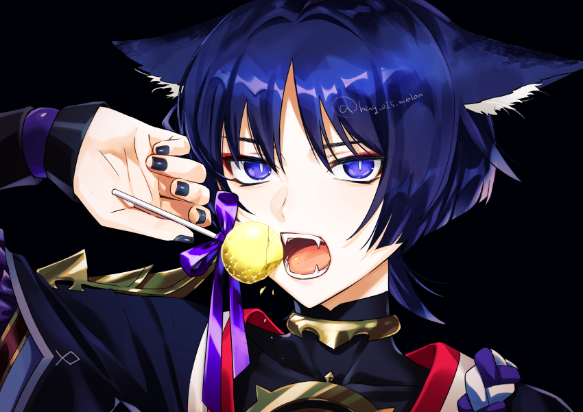 1boy animal_ear_fluff animal_ears arm_up armor black_background black_bodysuit black_kimono black_nails black_sleeves blunt_ends bodysuit bright_pupils candy cat_ears chupa_chups covered_collarbone eyeliner eyeshadow fangs food genshin_impact gold gold_trim hag_(hag_015) hair_intakes han&#039;eri highres holding holding_candy holding_food holding_lollipop japanese_armor japanese_clothes jewelry kimono kote kurokote layered_kimono layered_sleeves lollipop lower_eyelashes_only makeup male_focus mandarin_collar neck_ring open_clothes open_kimono open_mouth portrait purple_eyes purple_hair purple_rope purple_sleeves red_eyeliner red_eyeshadow red_kimono rope scaramouche_(genshin_impact) shimenawa short_sleeves slit_pupils solo teeth tongue twitter_username white_kimono white_pupils white_rope
