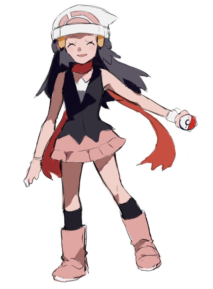 1girl ^_^ beanie black_hair black_shirt black_socks boots closed_eyes dawn_(pokemon) full_body hair_ornament half_updo hat highres holding holding_poke_ball kneehighs long_hair miniskirt nintendo open_mouth pink_boots pink_skirt poke_ball poke_ball_(basic) pokemon pokemon_dppt red_scarf scarf shichibee_(stm_mimi) shirt simple_background skirt smile socks solo white_background white_hat