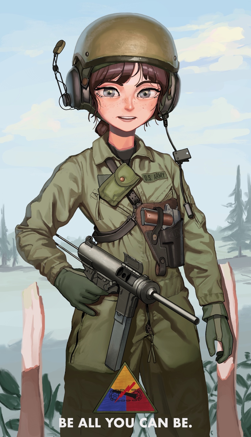 1girl absurdres ammunition_pouch blue_sky breast_pocket brown_hair cloud commentary commentary_request crotch_zipper day english_commentary english_text finger_on_trigger freckles gloves green_gloves green_jacket green_pants grey_eyes gun handgun headset helmet highres holding holding_gun holding_weapon holster holstered jacket korean_commentary long_hair long_sleeves looking_at_viewer m1911 m3_submachine_gun magazine_(weapon) microphone military military_uniform mixed-language_commentary original outdoors pants pocket pouch rifleman1130 sky soldier solo standing submachine_gun turtleneck united_states_army upper_body weapon zipper zipper_pull_tab