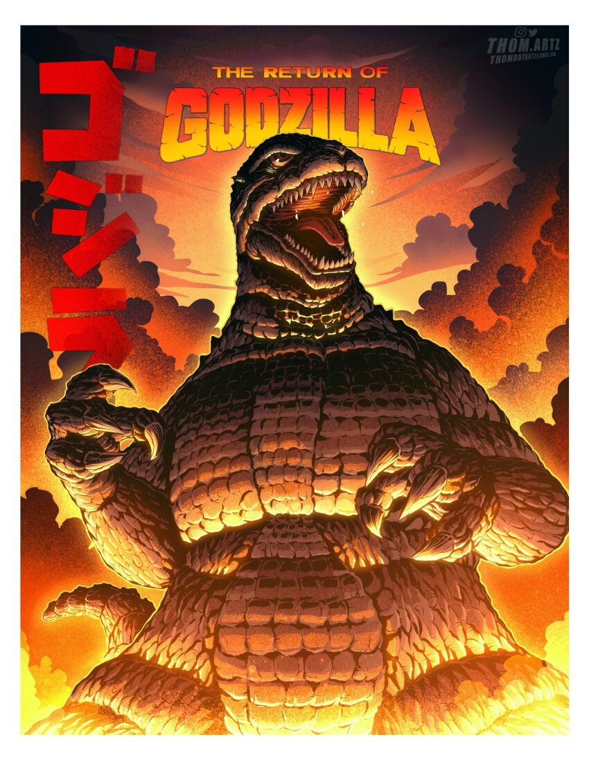 claws cloud dinosaur english_text fire godzilla godzilla_(series) highres japanese_text kaiju no_humans open_mouth orange_sky roaring sharp_teeth signature sky smoke tail teeth the_return_of_godzilla thomdotartz toho tongue