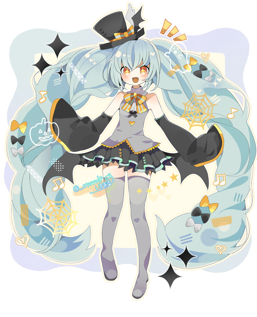 1girl :d absurdres aqua_hair artist_name bare_shoulders black_bow black_hat black_skirt boots bow bowtie breasts commentary detached_sleeves fang full_body grey_boots grey_shirt hair_between_eyes hair_bow halftone halloween hat hat_bow hatsune_miku heart heart_print highres long_hair looking_at_viewer miniskirt musical_note notice_lines open_mouth orange_eyes ovoip pleated_skirt shirt silk skin_fang skirt sleeveless sleeveless_shirt sleeves_past_fingers sleeves_past_wrists small_breasts smile solo sparkle sparkling_eyes spider_web star_(symbol) striped_bow striped_bowtie striped_clothes tareme thigh_boots thighhighs tilted_headwear top_hat twitter_username very_long_hair vocaloid white_background white_bow wide_sleeves wing_hat_ornament yellow_bow yellow_bowtie zettai_ryouiki