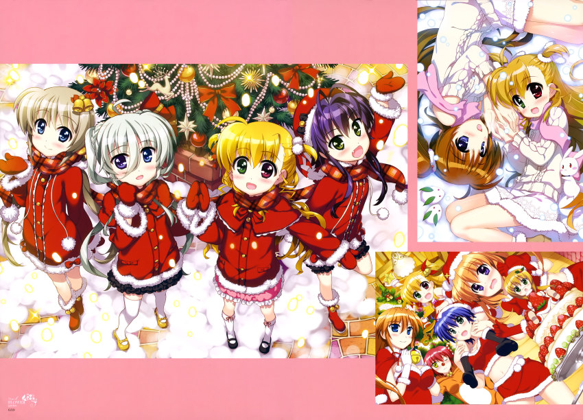 10s 6+girls absurdres ahoge animal_ears antenna_hair arm_up bell black_skirt blonde_hair blue_eyes breasts cake capelet chantez_apinion christmas christmas_tree cleavage corona_timir crop_top dutch_angle einhard_stratos food frilled_skirt frills from_above fujima_takuya gloves green_eyes grey_hair hair_between_eyes hat heterochromia highres holding_hands ixveria light_brown_hair long_hair lying lyrical_nanoha mahou_shoujo_lyrical_nanoha mahou_shoujo_lyrical_nanoha_vivid medium_breasts midriff miniskirt multiple_girls nove nove_(nanoha) numbers_(nanoha) official_art on_side open_mouth pink_scarf pink_skirt purple_eyes purple_hair rabbit_ears red_eyes red_gloves red_hat red_ribbon red_scarf red_shirt red_skirt ribbon rio_wezley sacred_heart santa_costume santa_gloves scarf shirt skirt subaru_nakajima takamachi_nanoha teana_lanster thighhighs vivio white_legwear zettai_ryouiki