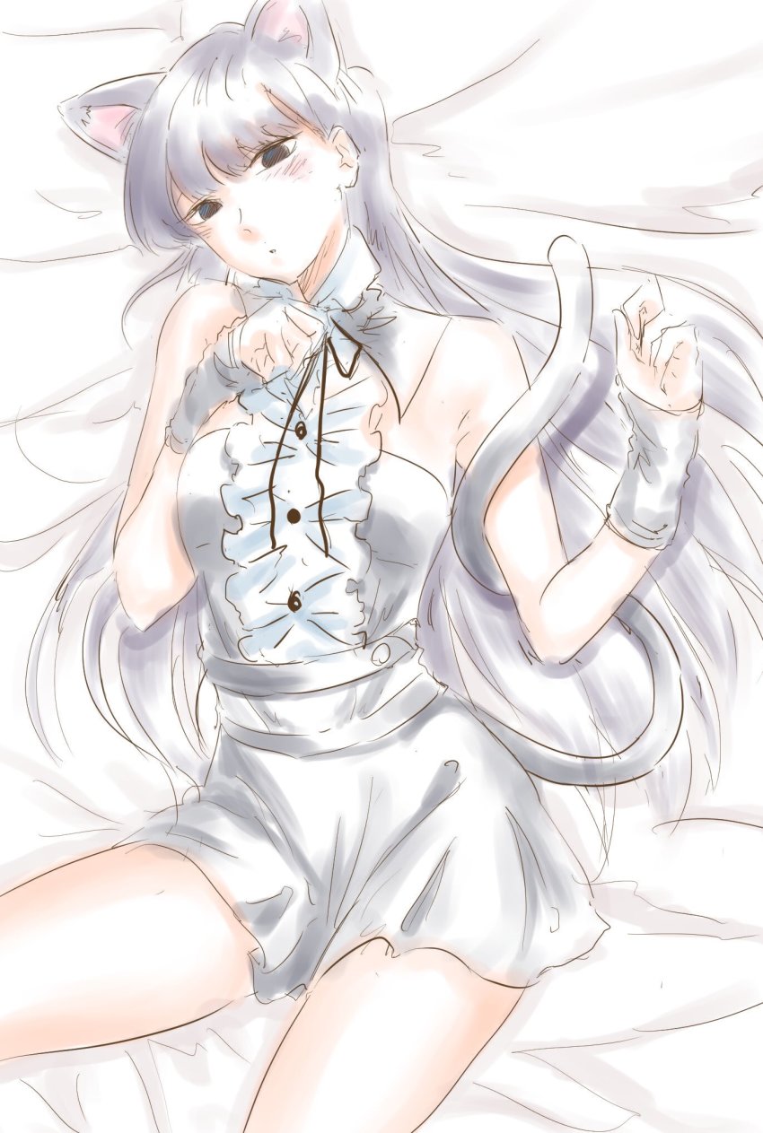 1girl animal_ears bed black_eyes black_hair cat_ears cat_tail female_focus highres komi-san_wa_komyushou_desu komi_shouko long_hair looking_at_viewer lying mitsugu solo source_request tail white_background