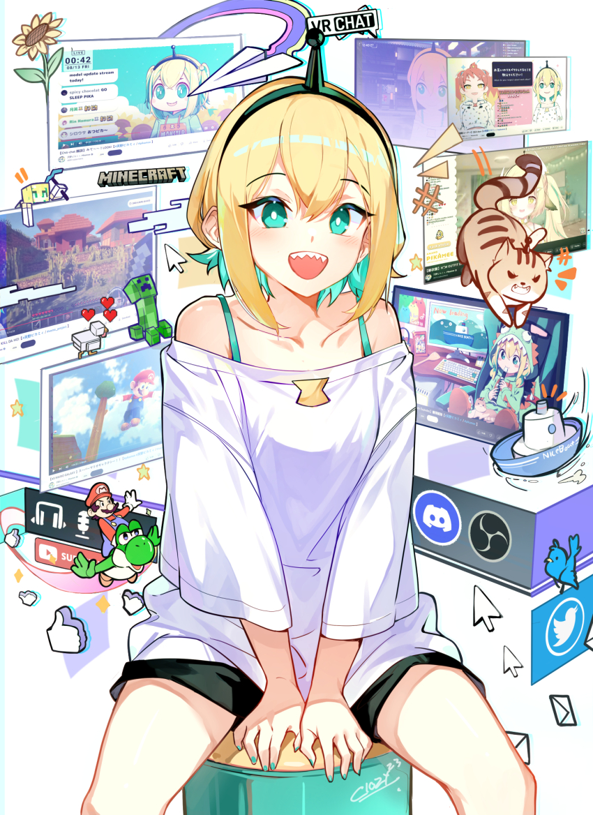 1girl :d ^^^ amano_pikamee between_legs black_hairband black_shorts blonde_hair boat bright_pupils cat chicken_(minecraft) closz collarbone commentary creeper cursor discord england envelope flower green_eyes green_hair green_nails hairband hand_between_legs heart highres hikasa_tomoshika long_sleeves looking_at_viewer mario mario_(series) meme minecraft minecraft_pickaxe nice_boat_(meme) nintendo obs_studio off-shoulder_shirt off_shoulder open_mouth paper_airplane pickaxe sharp_teeth shirt short_hair shorts simple_background sitting smile socks_(amano_pikamee) solo_focus sunflower super_mario_galaxy_2 teeth twitter twitter_logo upper_body upper_teeth_only virtual_youtuber voms vrchat watercraft white_background white_pupils white_shirt window_(computing) yoshi youtube