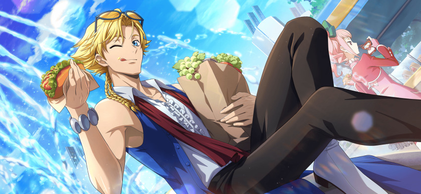 1boy 1girl anya_alstreim artist_request bag bare_shoulders bead_bracelet beads black_pants blonde_hair blue-framed_eyewear blue_eyes blue_vest bracelet buttons center_frills closed_mouth code_geass code_geass:_lost_stories collarbone collared_shirt cropped_jacket day dress dutch_angle eyewear_on_head food food_on_face fountain frilled_shirt frills fruit game_cg gino_weinberg grapes hair_intakes hand_up happy highres holding holding_bag holding_food hot_dog jacket jewelry lens_flare lettuce licking_lips looking_at_viewer male_focus non-web_source official_art one_eye_closed open_clothes open_vest orange-tinted_eyewear outdoors pants paper_bag pink_dress pink_hair red_eyes red_jacket red_scarf scarf shirt shirt_tucked_in shoes shopping_bag short_hair sidelocks sitting smile solo_focus spiked_hair taking_picture tinted_eyewear tongue tongue_out vest water white_footwear white_shirt wink