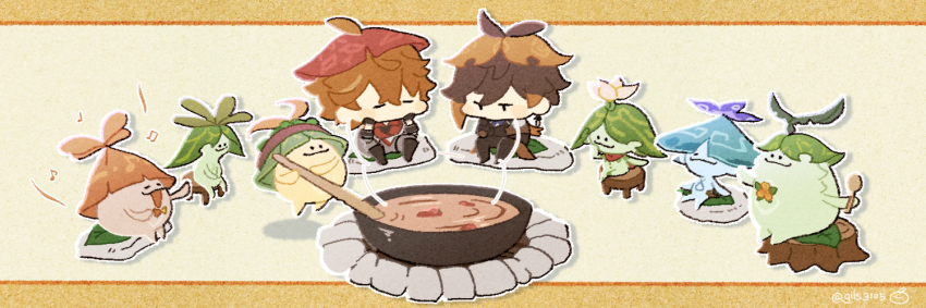 2boys aranara_(genshin_impact) campfire chibi dimples food gathering genshin_impact gils3105 image_sample multiple_boys pixiv pixiv_sample soup stew tartaglia_(genshin_impact) zhongli_(genshin_impact)