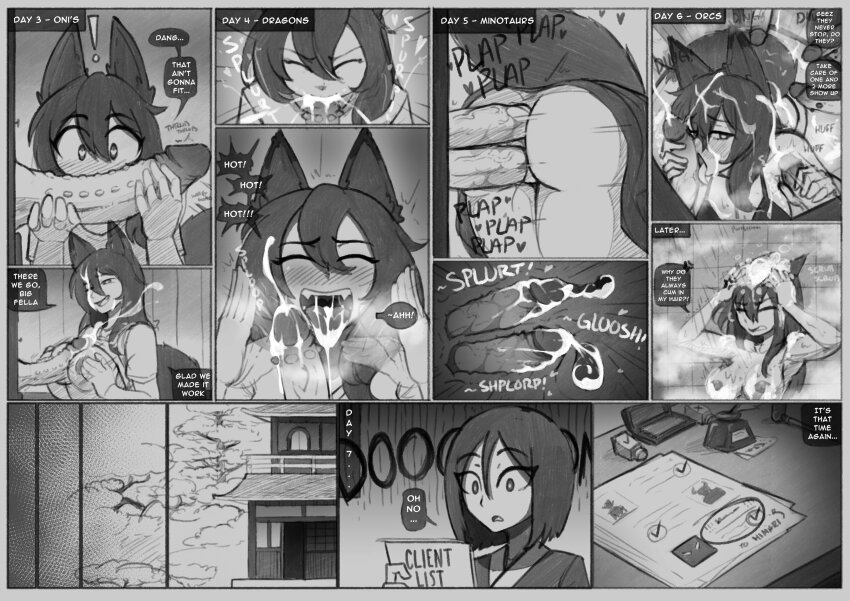 absurdres bad_link breasts cum cum_in_ass cum_in_mouth cum_on_body cum_on_breasts cum_on_hair cum_on_upper_body double_handjob double_penetration english_text evil_trevo fellatio handjob highres monochrome oral paizuri