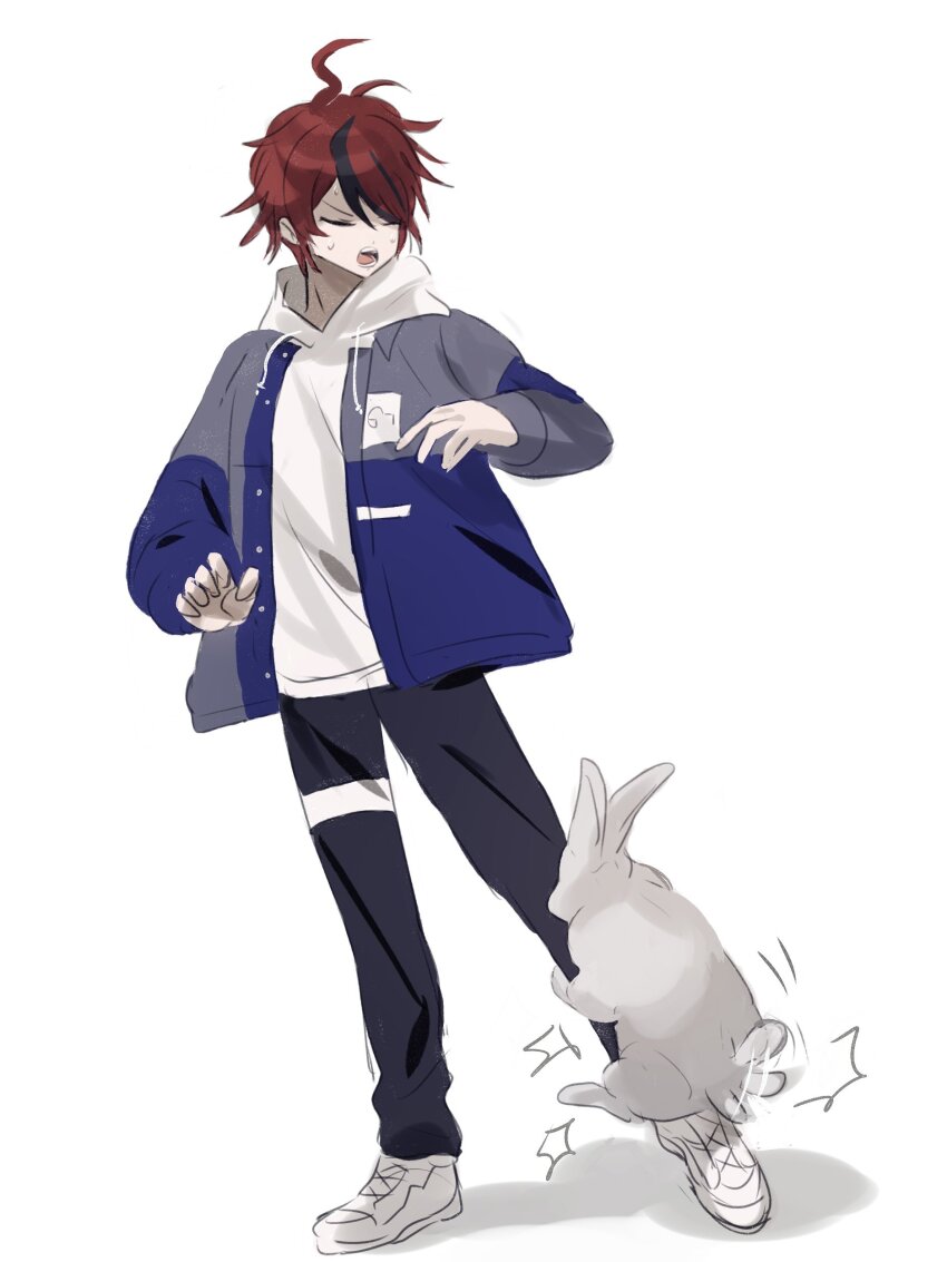 1boy absurdres ahoge black_hair black_pants blue_jacket drawstring full_body grey_jacket hair_between_eyes highres hood hoodie humping jacket long_sleeves male_focus messy_hair multicolored_hair multicolored_jacket open_mouth pants rabbit rabbit_ears rabbit_tail red_hair shoes simple_background solo solo_focus sumino_takumi sweatdrop teeth the_hundred_line_-last_defense_academy- tongue white_background white_hoodie white_shoes