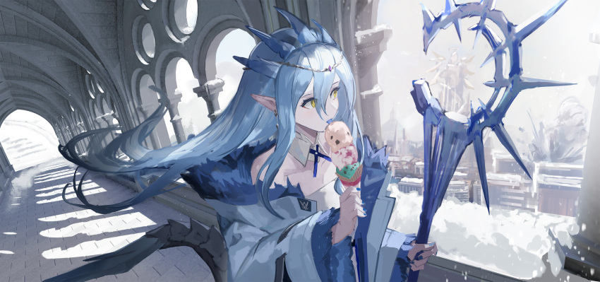 1girl arch arigiep arknights blue_nails blue_tongue circlet cityscape coat colored_tongue crossover earrings food fur-trimmed_coat fur_trim highres holding holding_staff horns ice_cream jewelry monster_hunter_(series) personification pointy_ears sleeveless sleeveless_coat snow staff statue tile_floor tiles velkhana yellow_eyes