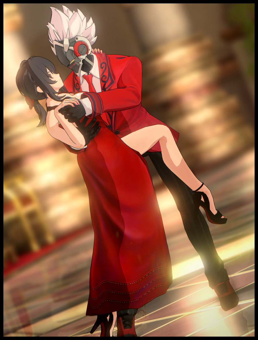 3d absurdres ballroom billy_kid black_hair blush cyborg dancing dress formal_clothes grace_howard hair_ornament high_heels highres holding_hands mihoyo necktie red_dress red_suit reflective_floor suit zenless_zone_zero