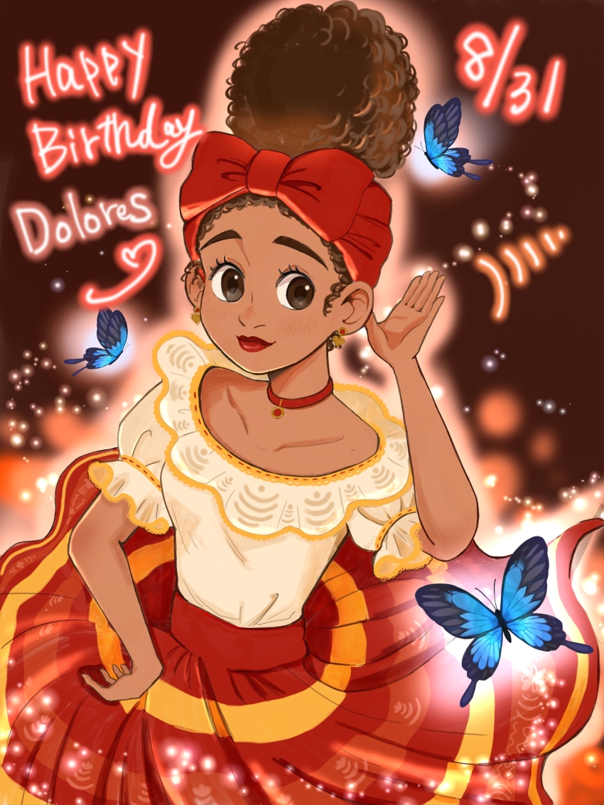 1girl absurdres bow brown_eyes brown_hair bug butterfly choker colombian_clothes dark-skinned_female dark_skin dolores_madrigal dragonf1y earrings encanto english_text hair_bow heart heart_earrings highres insect jewelry red_bow red_choker shirt simple_background skirt smile solo