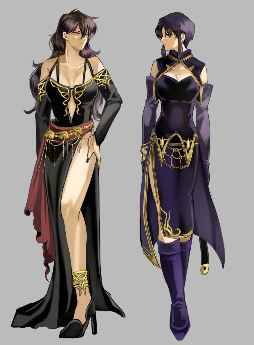 2girls absurdres bare_shoulders black_dress black_hair black_nails boots breasts circlet cleavage cleavage_cutout clothing_cutout collarbone detached_sleeves dress earrings elbow_gloves fingernails fire_emblem fire_emblem:_the_blazing_blade full_body gloves hand_on_own_hip high_heel_boots high_heels highres jewelry large_breasts long_hair looking_at_another mature_female multiple_girls nail_polish nintendo omlililimo plunging_neckline purple_eyes purple_hair red_sash sash short_hair side_slit sonia_(fire_emblem:_the_blazing_blade) thighs ursula_(fire_emblem) yellow_eyes