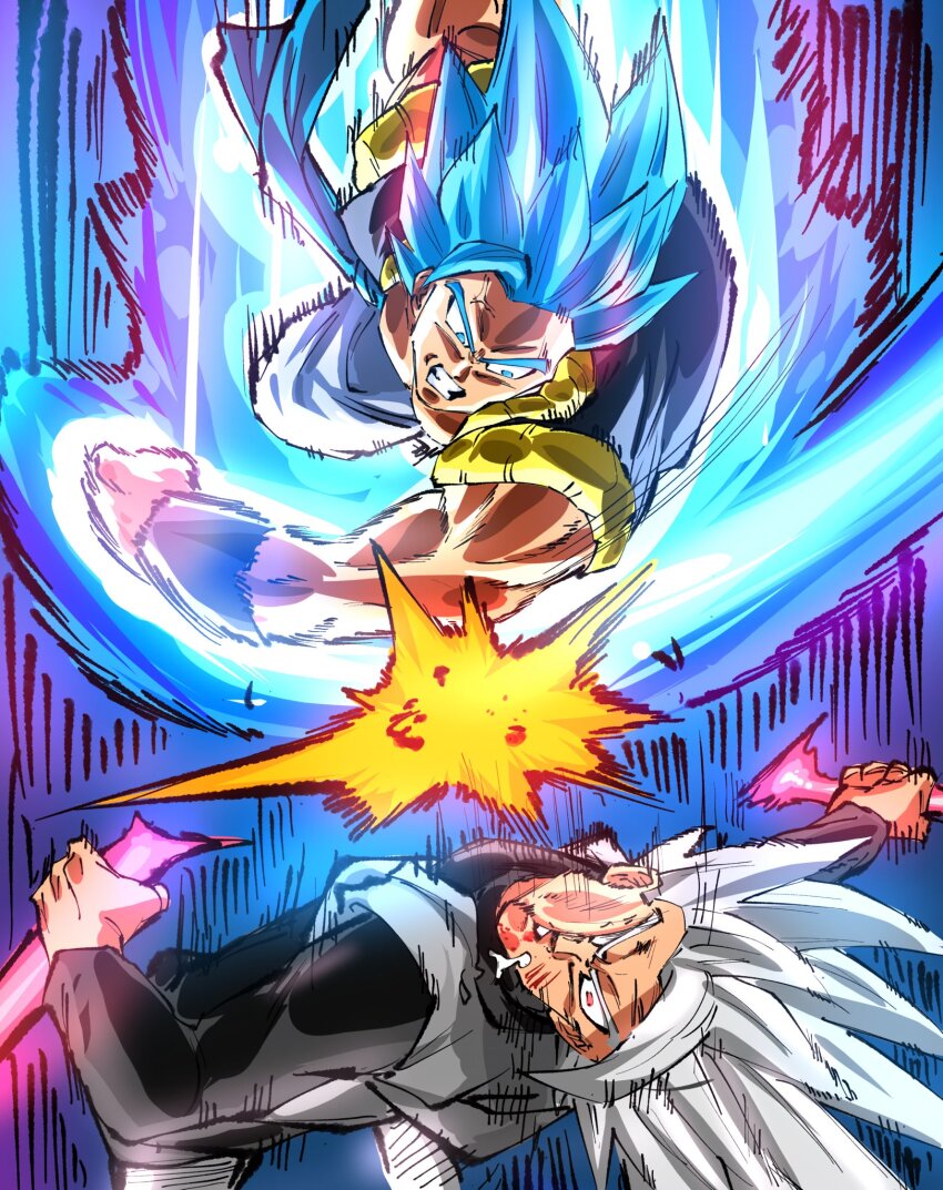 2boys aura black_pants black_shirt black_vest blue_eyes blue_hair dougi dragon_ball dragon_ball_super dragon_ball_super_broly gogeta gohan_beast gohan_black goku_black grey_hair grey_tunic highres long_hair male_focus medium_hair metamoran_vest motion_lines multiple_boys muscular muscular_male pants punching red_eyes rz28kp shirt smear_frame speed_lines spiked_hair tunic vest white_pants