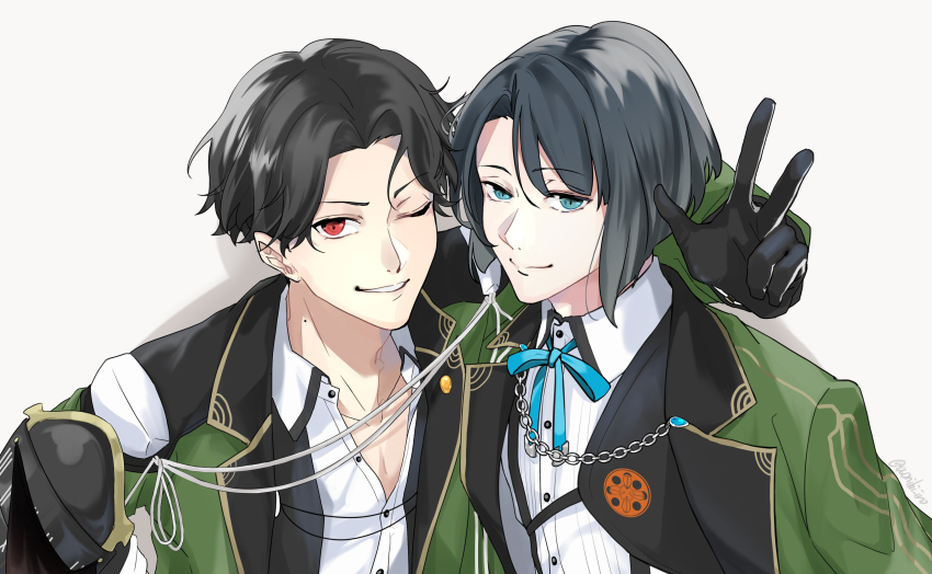 2boys absurdres arm_over_shoulder black_gloves black_hair blue_eyes buzen_gou collared_shirt gloves highres jacket kurage_(18467157) male_focus matsui_gou mole mole_on_neck multiple_boys neck_ribbon one_eye_closed red_eyes ribbon shirt smile touken_ranbu unbuttoned unbuttoned_shirt upper_body v