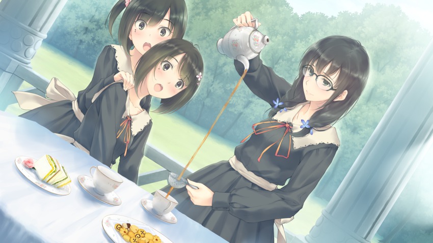 3girls :o blush braid checkerboard_cookie column cookie cup decantering flower flowers_(innocent_grey) food game_cg glasses hair_flower hair_ornament hanabishi_rikka hanabishi_ririka hand_on_another&#039;s_shoulder light_smile mole mole_under_eye multiple_girls open_mouth pillar plate pouring sandwich sasaki_ichigo sasaki_ringo saucer school_uniform siblings side_ponytail sisters sugina_miki table tea tea_party teacup teapot tree twin_braids