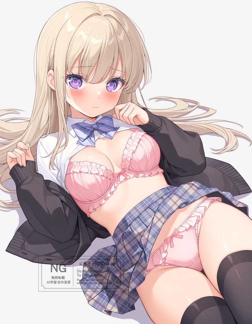 1girl black_cardigan black_thighhighs blue_skirt blush bra breasts brown_hair cardigan closed_mouth clothes_lift collared_shirt commentary_request commission frilled_bra frilled_panties frills grey_background hair_between_eyes highres long_hair looking_at_viewer lying medium_breasts nikki_(n2kkey) original panties pink_bra pink_panties pixiv_commission plaid_clothes plaid_skirt pleated_skirt purple_eyes school_uniform shirt shirt_lift sidelocks simple_background skirt skirt_lift solo thighhighs thighs underwear watermark white_shirt