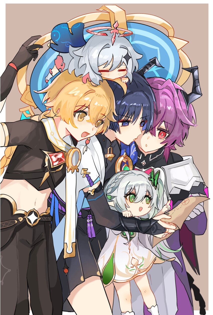 2girls 3boys absurdres aether_(genshin_impact) ahoge arm_up armor belt black_belt black_bodysuit black_bow black_bridal_gauntlets black_gloves black_hair black_horns black_pants black_shirt black_shorts black_sleeves black_tail blonde_hair blue_cape blue_hat blue_sleeves blue_trim blunt_ends blush bodysuit border bow braid bridal_gauntlets bright_pupils brown_background cape closed_eyes coat collar crop_top cross-shaped_pupils crossed_bangs diamond_hair_ornament dragon_boy dragon_horns dragon_tail dress earrings eyelashes eyeliner eyeshadow facing_down feather_earrings feathers frown furisode genshin_impact gloves gold gold_ring gold_trim green_eyes hair_between_eyes hair_ornament hakama hakama_shorts halo hand_on_another&#039;s_arm hand_up hat height_difference highres holding holding_map horns index_finger_raised japanese_armor japanese_clothes jewelry jingasa kimono kote kurokote layered_sleeves leaf leaf_hair_ornament long_hair looking_at_another looking_at_map low-braided_long_hair low-tied_long_hair makeup mandarin_collar map mechanical_halo middle_ring mini_durin_(genshin_impact) mini_durin_(human)_(genshin_impact) multiple_boys multiple_girls nahida_(genshin_impact) navel on_head open_clothes open_kimono open_mouth paimon_(genshin_impact) pants person_on_head pink_eyes pink_hair pink_halo pleated_shorts pointing pointing_up pointy_ears purple_coat purple_eyes purple_hair purple_rope purple_sash purple_sleeves red_eyeliner red_eyeshadow romper rope sash scaramouche_(genshin_impact) scarf shared_hat shirt short_sleeves shorts side_ponytail sidelocks socks suyi42478390 symbol-shaped_pupils tail tareme tassel teeth tsurime upper_teeth_only wanderer_(genshin_impact) white_border white_collar white_dress white_feathers white_hair white_kimono white_mouth white_pants white_pupils white_romper white_scarf white_sleeves white_socks yellow_eyes