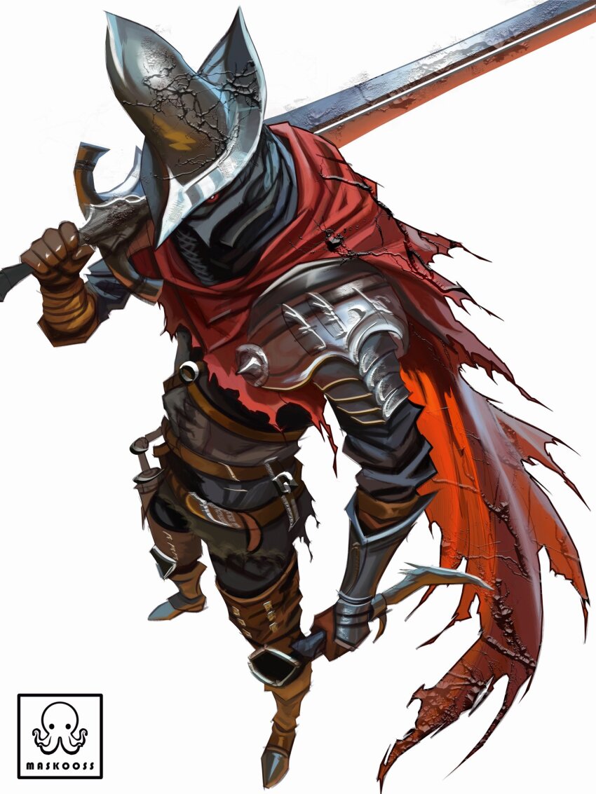 1boy abyss_watcher armor belt cape dagger dark_souls_(series) dark_souls_iii foreshortening greatsword helmet highres holding holding_dagger holding_knife holding_weapon knee_armor knife maskoo185826 morion over_shoulder perspective red_cape red_eyes shoulder_armor shoulder_plates solo sword torn_cape torn_clothes weapon weapon_over_shoulder white_background