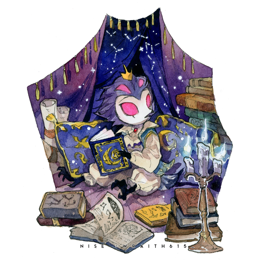 1boy aged_down beak bird_boy book book_stack candlestand child crown curtains demon_boy extra_eyes grey_hair helluva_boss highres holding holding_book male_focus owl_boy pillow red_eyes scroll sitting solo stolas_(helluva_boss) wraith615