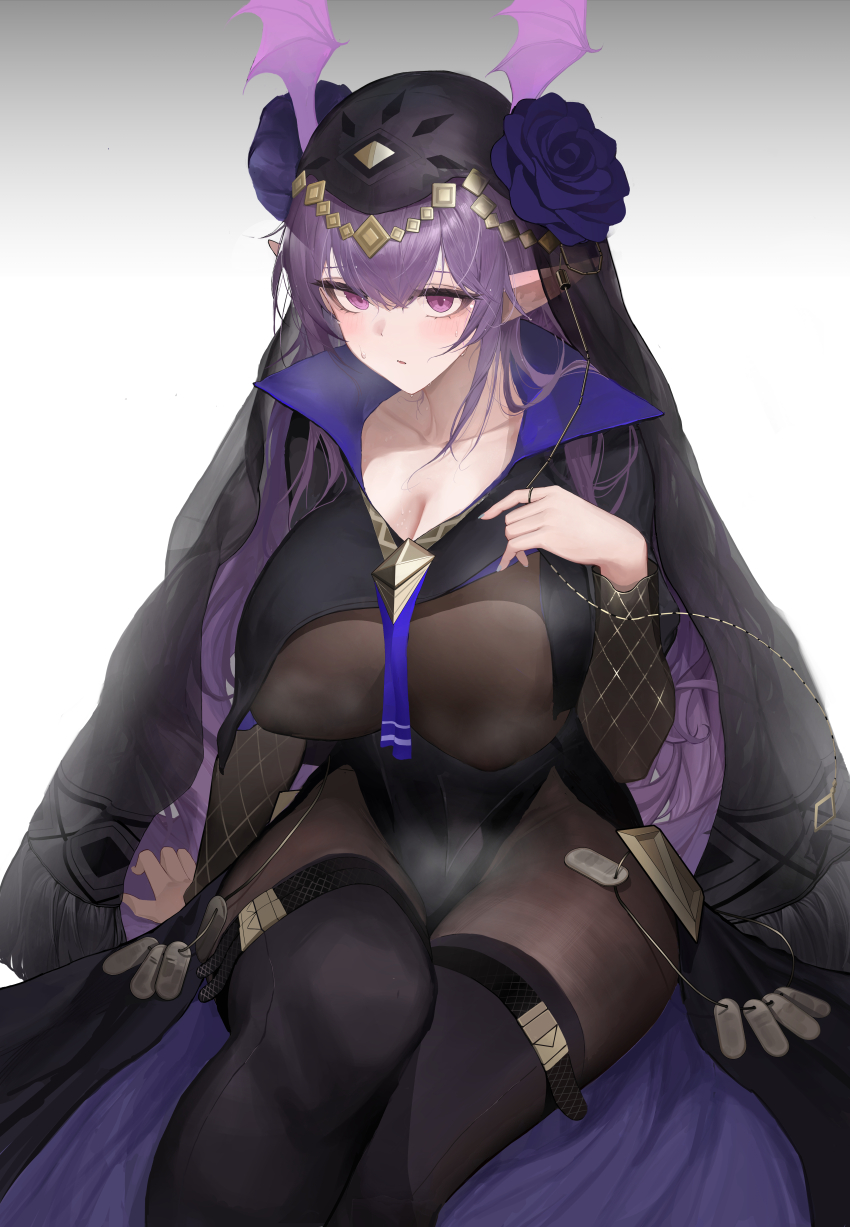 1girl absurdres arknights bat_wings black_leotard black_thighhighs black_veil blue_flower blue_rose blush bodystocking breast_curtains breasts chinese_commentary cleavage covered_erect_nipples dog_tags double-parted_bangs feet_out_of_frame flower gradient_background grey_background hair_flower hair_ornament head_wings highres hot large_breasts leotard long_hair looking_at_viewer manticore_(arknights) manticore_(under_a_veil)_(arknights) official_alternate_costume parted_lips pointy_ears purple_eyes purple_hair rose sachuan scorpion_tail simple_background sitting solo steaming_body sweat tail thighhighs veil very_long_hair waist_cape wavy_hair white_background wings