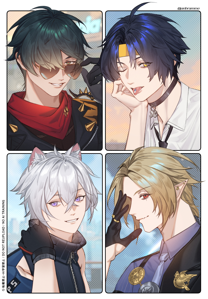 4boys absurdres anbramme animal_ears asaba_harumasa black_hair black_jacket blonde_hair cat_boy cat_ears green_eyes green_hair hair_between_eyes headband highres hugo_vlad jacket lighter_(zenless_zone_zero) long_hair looking_at_viewer mole mole_under_eye multiple_boys open_mouth purple_eyes red_eyes red_scarf scarf seth_lowell short_hair smile sunglasses yellow_eyes yellow_headband zenless_zone_zero