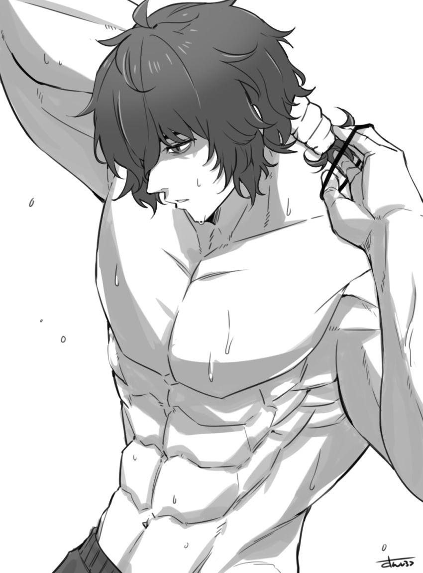 1boy ahoge arm_up collarbone dripping grey_background greyscale hair_over_one_eye half-closed_eyes highres holding holding_own_hair kengan_(series) kengan_ashura male_focus medium_hair messy_hair monochrome muscular muscular_male navel parted_lips signature simple_background solo sunsirou sweat tokita_ouma topless_male tying_hair