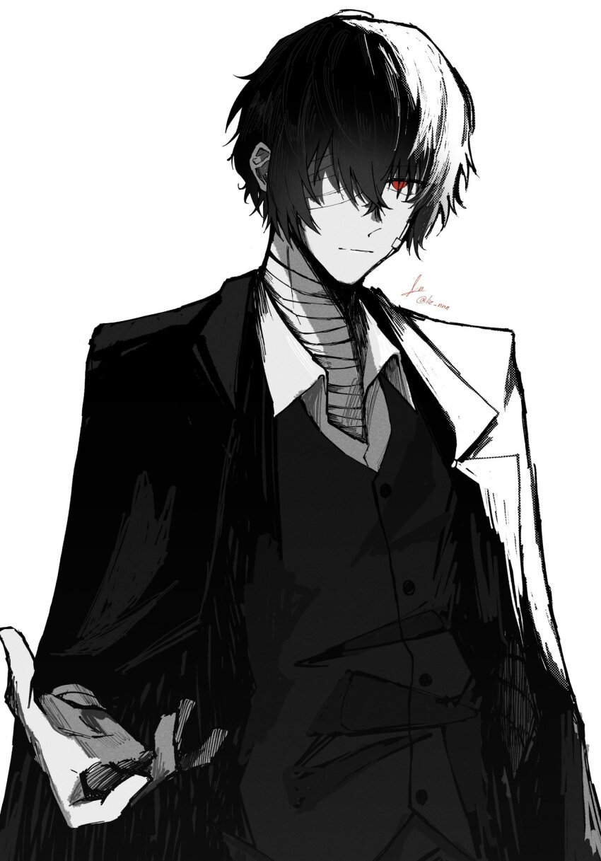 1boy bandage_over_one_eye bandaged_neck bandages bungou_stray_dogs closed_mouth collared_shirt cowboy_shot dazai_osamu_(bungou_stray_dogs) greyscale highres jacket jacket_on_shoulders lie_nnn looking_at_viewer male_focus monochrome red_eyes shirt short_hair simple_background solo spot_color standing vest