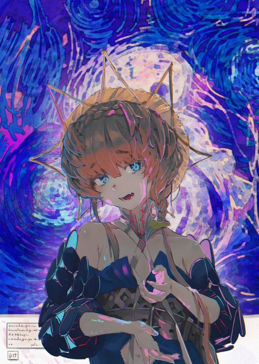 1girl absurdres armpit_crease art_gallery bare_shoulders belt blue_eyes blue_overalls braid collarbone crown_braid detached_collar e_ixion eyes_visible_through_hair fangs fate/grand_order fate_(series) gesture grey_belt hands_up hat highres long_sleeves looking_at_viewer navel open_mouth orange_hair overalls painting_(object) puffy_sleeves red_pupils side_braid sign solo straw_hat upper_body van_gogh_(fate) van_gogh_(first_ascension)_(fate) vincent_van_gogh_(style) yellow_hat zipper