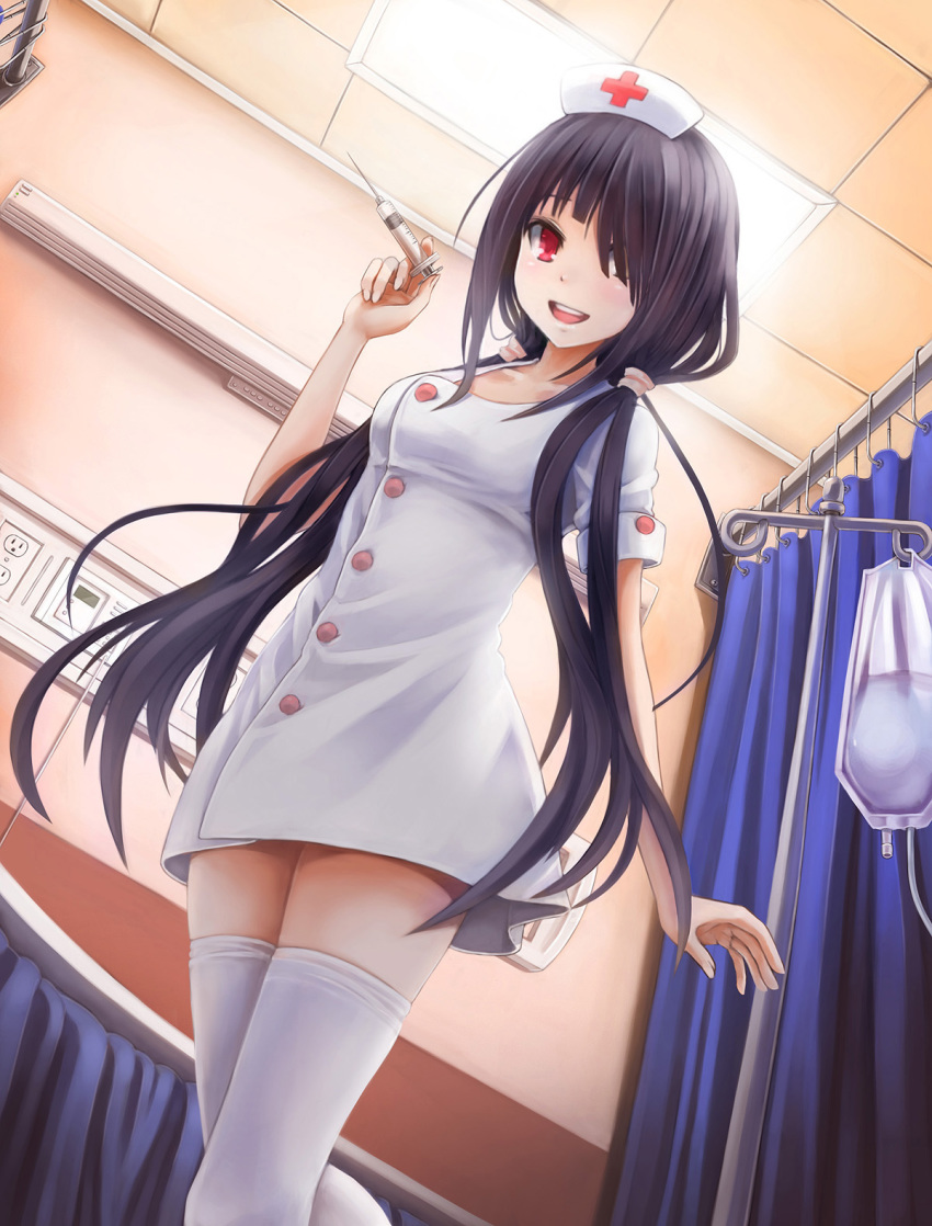 10s 1girl alternate_costume asymmetrical_bangs backlighting black_hair buttons cross date_a_live dress electrical_outlet female_focus from_below greek_cross hair_over_one_eye hat heterochromia highres indoors legs_together long_hair nurse nurse_cap one_eye_covered pinky_out red_eyes revision short_dress sleeves_rolled_up solo standing sunimu syringe teeth thighhighs thighs third-party_edit third-party_extraction tokisaki_kurumi twintails upper_teeth_only very_long_hair white_thighhighs yellow_eyes zettai_ryouiki