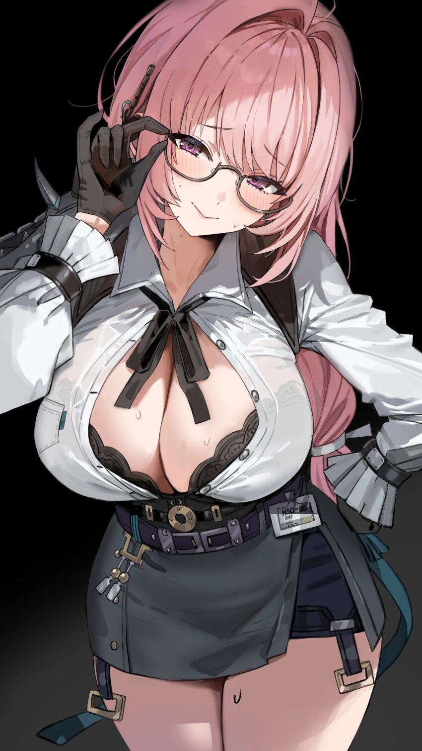 1girl absurdres adjusting_eyewear black-framed_eyewear black_background black_bra black_gloves black_ribbon black_skirt blush bra bra_peek breasts cleavage closed_mouth collared_shirt cowboy_shot freng glasses gloves highres id_card large_breasts long_sleeves looking_at_viewer neck_ribbon partially_unbuttoned pencil_skirt pink_hair purple_eyes ribbon shirt simple_background skirt smile solo sweat thighs tsukishiro_yanagi underwear white_shirt zenless_zone_zero