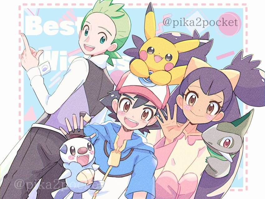 1girl 2boys ash_ketchum axew black_hair black_vest blush bow brown_eyes cilan_(pokemon) closed_mouth commentary english_commentary fangs gen_1_pokemon gen_5_pokemon green_eyes green_hair hair_ornament hat highres iris_(pokemon) jacket long_hair looking_at_viewer multiple_boys nintendo open_mouth oshawott pika2pocket pikachu pink_bow pointing pokemon pokemon_(anime) pokemon_(creature) pokemon_bw_(anime) purple_hair red_eyes ribbon smile twintails twitter_username very_long_hair vest waving zipper