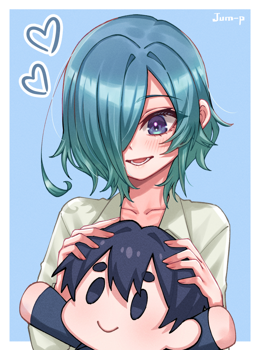 1girl :d absurdres aijou_rentarou aqua_hair artist_name blue_eyes blue_hair blush character_doll collarbone commentary doll english_commentary gradient_hair grey_background hair_over_one_eye heart highres jjum_pp kimi_no_koto_ga_dai_dai_dai_dai_daisuki_na_100-nin_no_kanojo long_bangs multicolored_hair nakaji_uto one_eye_covered open_mouth shirt short_hair simple_background smile solo stuffed_toy upper_body white_shirt