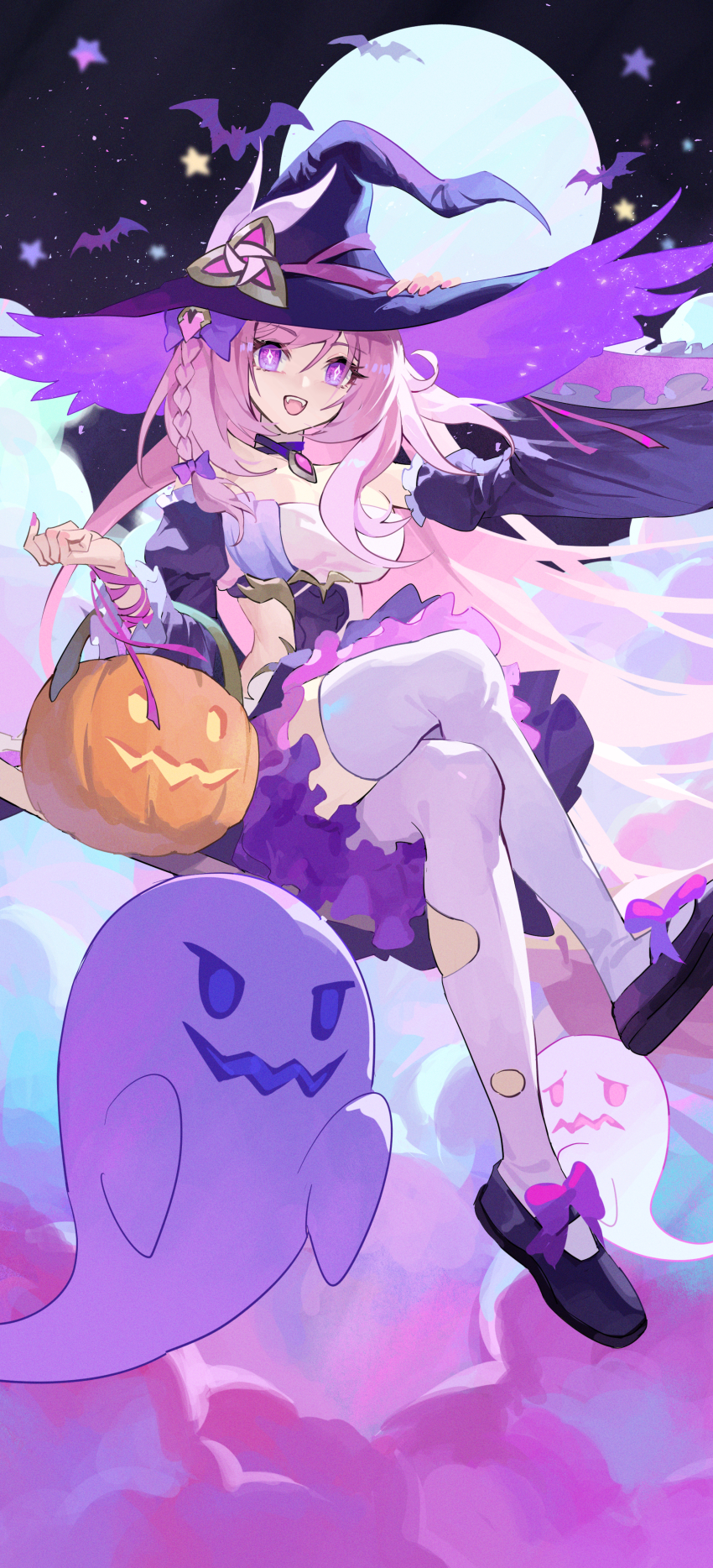 1girl :d absurdres animal arm_up bat_(animal) black_shoes blue_hat braid breasts broom broom_riding cloud commentary_request crossed_legs detached_sleeves elysia_(herrscher_of_human:_ego)_(honkai_impact) elysia_(honkai_impact) fangs full_moon ghost hair_between_eyes halloween halloween_bucket hand_on_headwear hat highres honkai_(series) honkai_impact_3rd juliet_sleeves long_hair long_sleeves medium_breasts moon night night_sky open_mouth pink_hair puffy_sleeves purple_eyes purple_sleeves purple_theme shoe_soles shoes sky smile solo teeth thighhighs torn_clothes torn_thighhighs upper_teeth_only very_long_hair white_thighhighs wide_sleeves witch_hat xinliu_asato