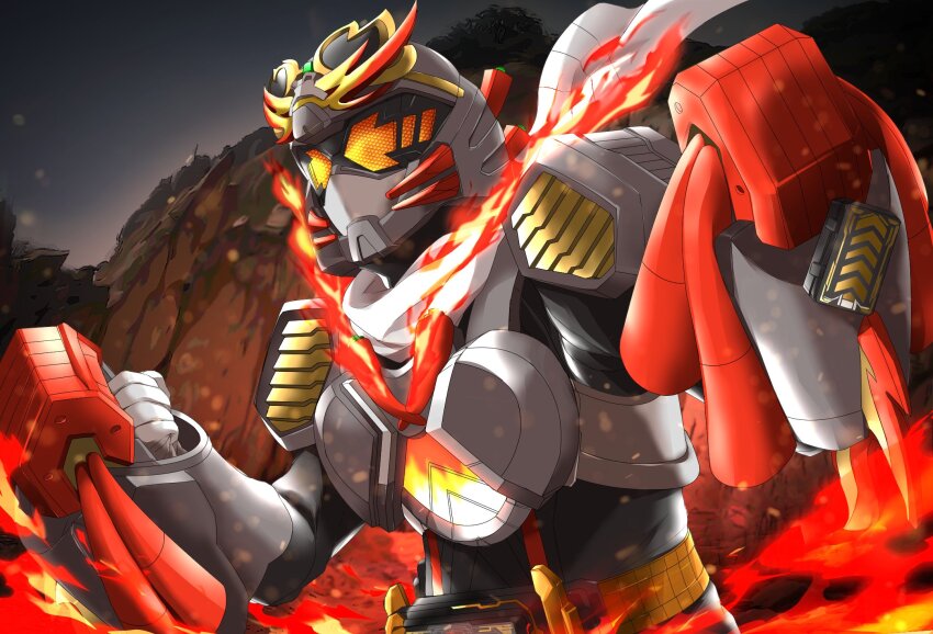 1boy alternate_costume armor black_bodysuit bodysuit burninggorilla clenched_hands rider_belt fighting_stance fire gauntlets gloves glowing glowing_eyes gotcha_driver helmet highres hill kamen_rider kamen_rider_gotchard kamen_rider_gotchard_(series) leg_armor male_focus miyabi_(037) official_alternate_costume power_armor red_armor red_fire rider_belt scarf shoulder_armor spread_legs thighs tokusatsu white_scarf