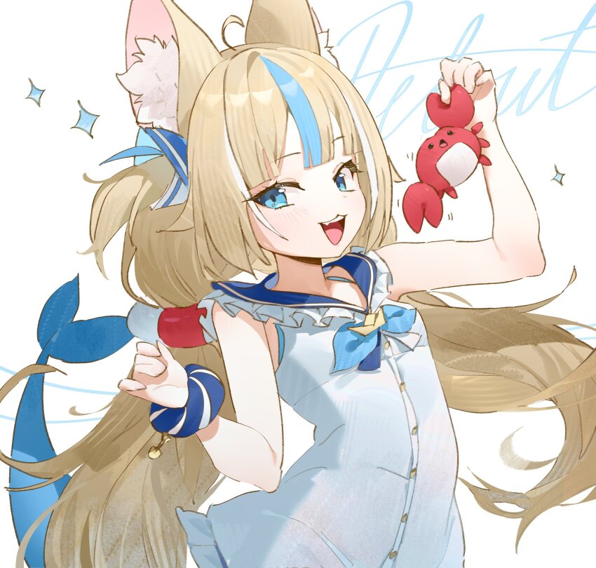 1girl blonde_hair blue_eyes blue_hair blue_streaks breasts crab dress fins fish_tail highres indie_virtual_youtuber juffles long_hair looking_at_viewer multicolored_hair open_mouth sameko_saba scrunchie shark_girl shark_tail sleeveless sleeveless_dress small_breasts solo streaked_hair tail upper_body virtual_youtuber white_background white_dress wrist_scrunchie