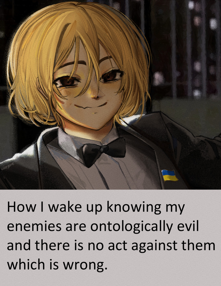 1girl black_bow black_bowtie black_jacket blonde_hair blush bow bowtie brown_eyes closed_mouth collared_shirt commentary english_commentary english_text fangs formal_clothes highres jacket long_sleeves looking_at_viewer marichka medium_hair meme original politics russo-ukrainian_war shirt skin_fangs solo ukrainian_flag usergore