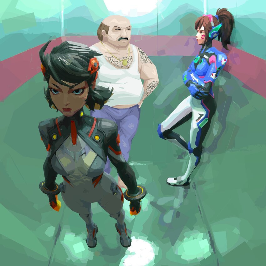 1boy 2gbram 2girls against_wall aqua_teen_hunger_force balding black_hair blue_bodysuit blue_pants body_hair bodysuit brown_hair carl_brutananadilewski chain chain_necklace commentary coodafud crossed_arms crossover d.va_(overwatch) derivative_work elevator english_commentary facial_hair facial_mark fat fat_man foot_against_wall from_side full_body gold_necklace grey_bodysuit grey_hair hands_on_own_hips headset highres indoors jewelry marvel marvel_rivals mecha_pilot_suit meka_(overwatch) multiple_crossover multiple_girls mustache necklace neon_genesis_evangelion overwatch pants parody peni_parker profile scene_reference short_hair spider-man_(series) spider-verse standing standing_on_one_leg thighs trait_connection twintails v-shaped_eyebrows whisker_markings white_undershirt