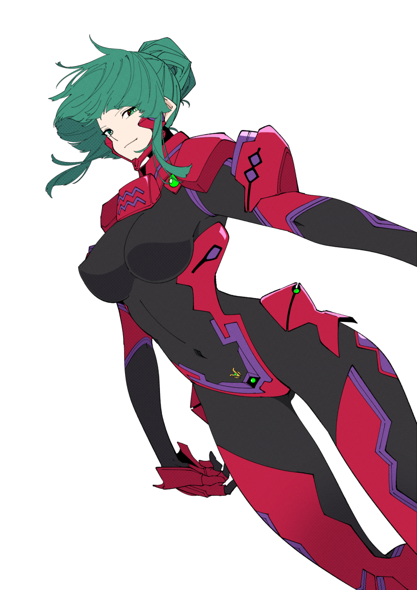1girl black_bodysuit black_gloves bodysuit breasts covered_navel floating_hair fortified_suit gloves green_eyes green_hair hair_behind_ear highres kamon_rider looking_at_viewer mecha_pilot_suit medium_breasts muv-luv muv-luv_alternative pilot_suit red_gloves sidelocks simple_background smile solo tsukuyomi_mana white_background