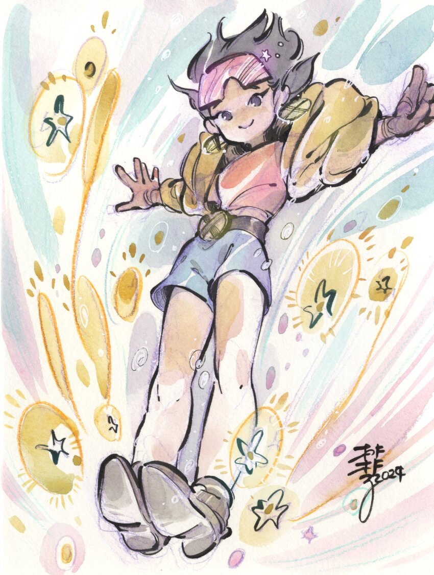 1girl 2024 black_hair blue_shorts full_body highres jacket jubilee marvel outstretched_arms peach_momoko pink_shirt purple_eyes shirt short_shorts shorts signature solo star_(symbol) sunglasses x-men yellow_jacket