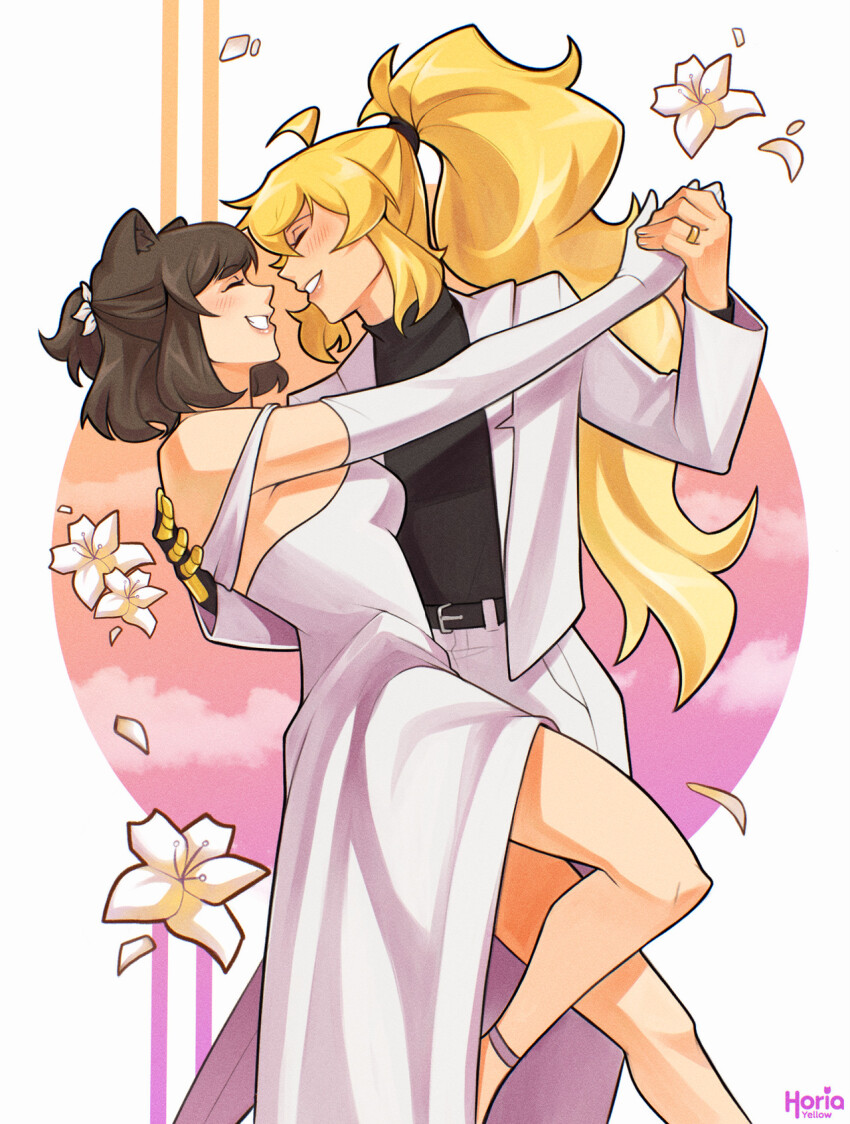 2girls animal_ears artist_name belt black_belt black_hair black_shirt blonde_hair blush cat_ears closed_eyes cloud commentary_request couple dress elbow_gloves female_focus flower gloves grin highres instagram_username jacket jewelry lily_(flower) long_hair multiple_girls pants ponytail ring rwby shirt sleeveless sleeveless_dress smile source_request tomboy wedding_ring white_background white_dress white_flower white_gloves white_jacket white_pants wife_and_wife yellow_nicky yuri